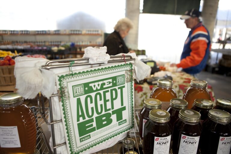Photo of a sign at a farmers market showing that they accept EBT.