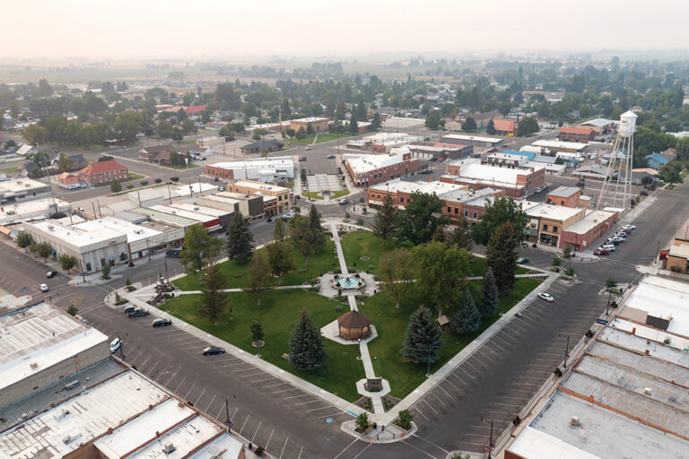 Drone photo of Historic Rupert Square in downtown Rupert, Idaho.