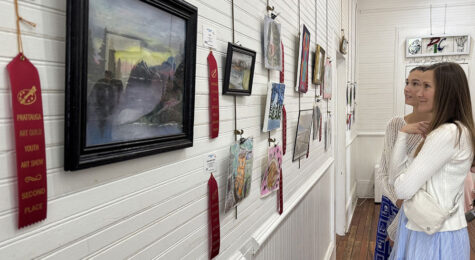 Two women admire the winning entries of an arts show.