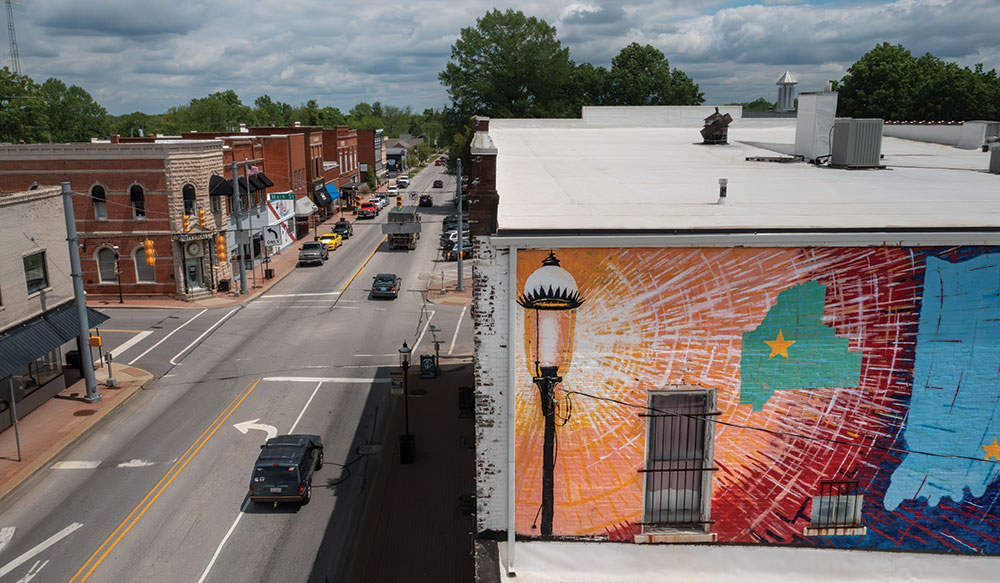 Aerial view of downtown Scottsburg, Indiana