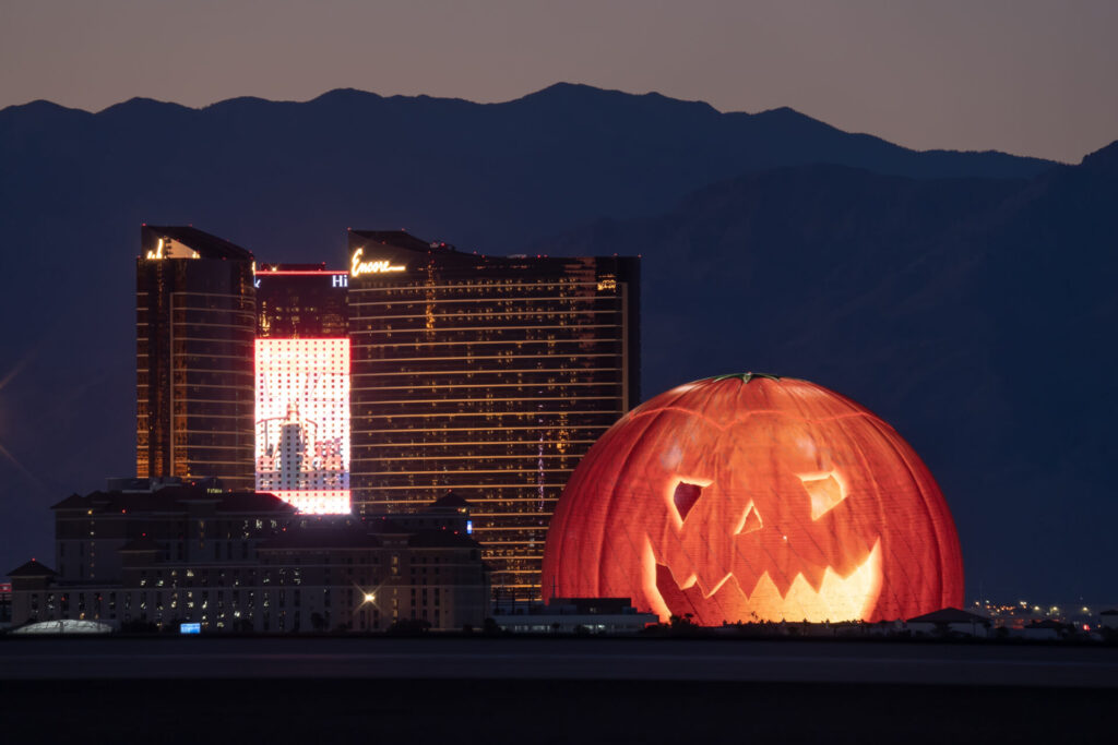 Las Vegas, Nevada, the USA, 25 August 2023: MSG Sphere is light up in Las Vegas, Nevada. It will be opened in end of September. Exosphere is new building in Las Vegas what attracts tourists.