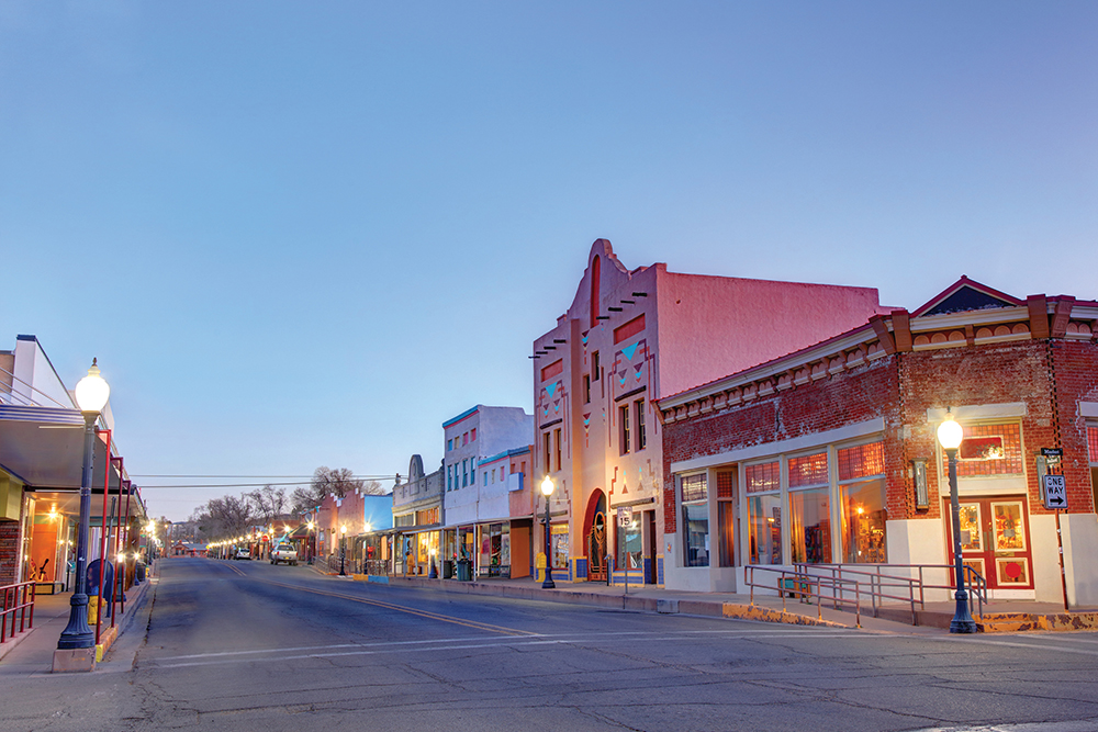 Downtown Silver City, New Mexico, at dusk.