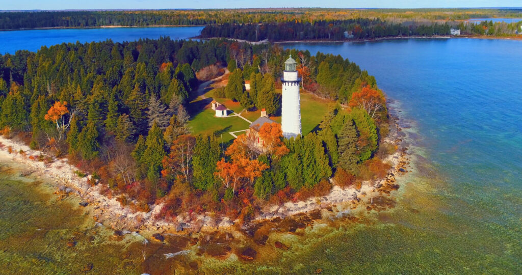 Scenic Cana Island Lighthouse, Door County, Wisconsin, aerial flyby.