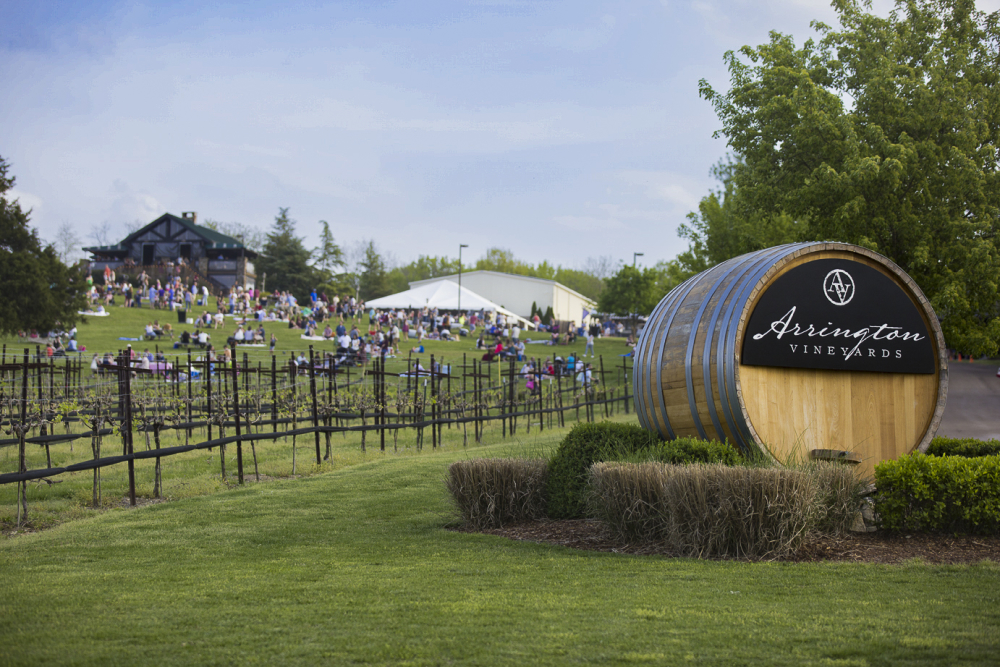 Visitors listen to Jazz in Courtyard while relaxing on the hillside overlooking the vineyard at Arrington Vineyards in Arrington, Tennessee.
