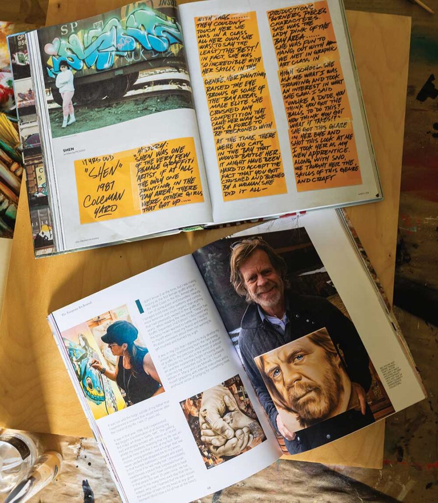 Books and articles featuring graffiti artist Shen in her home studio, including a painting she did for William H. Macy in Madison, Tennessee. Her official artist name is ShenShen210.