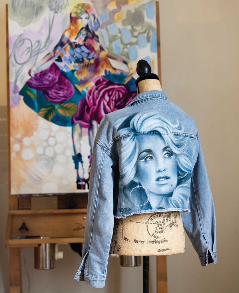 A portrait of Dolly Parton painted on a jacket by Graffiti artist Shen in her home studio in Madison, Tennessee. Her official artist name is ShenShen210.