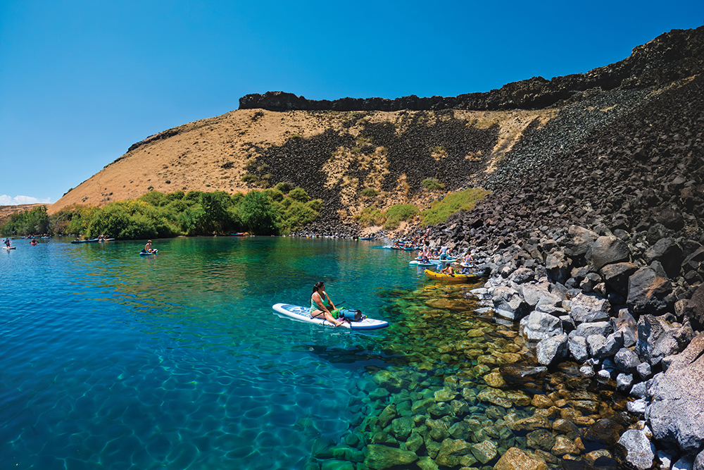 Kayaking at Blue Heart Springs in Buhl, Idaho.