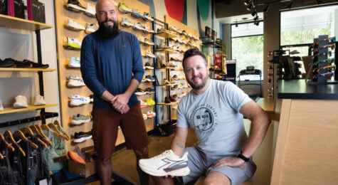 Clifton Trebil-Smith, left, and Jim Dwyer aim to create community connections through the Iowa Running Co. Right: People participate in a weekly Thursday night run that starts and ends at the store.