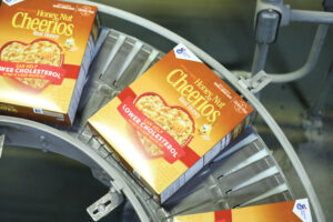 Cheerios on assembly line at General Mills plant in Cedar Rapids, IA