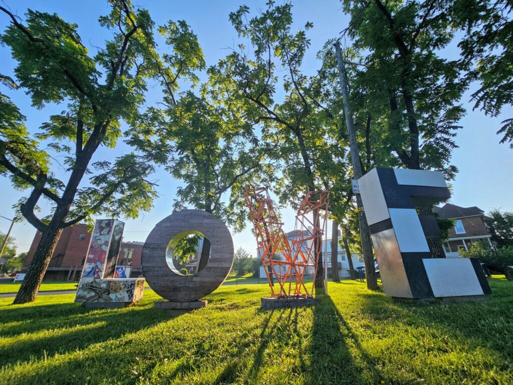 A view of an art sculpture in Harrisonburg VA
