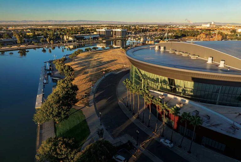 Aerial views of Adventist Health Arena and Lake McLeod in downtown Stockton, California.