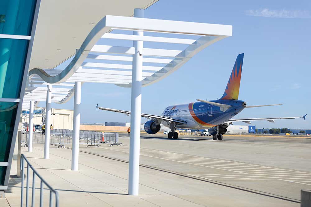 An Allegiant airplane prepares to take off from Stockton Metropolitan Airport in Stockton, California.