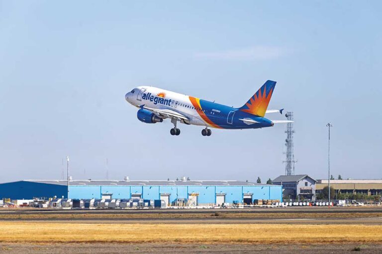 An Allegiant airplane takes off from Stockton Metropolitan Airport in Stockton, California.
