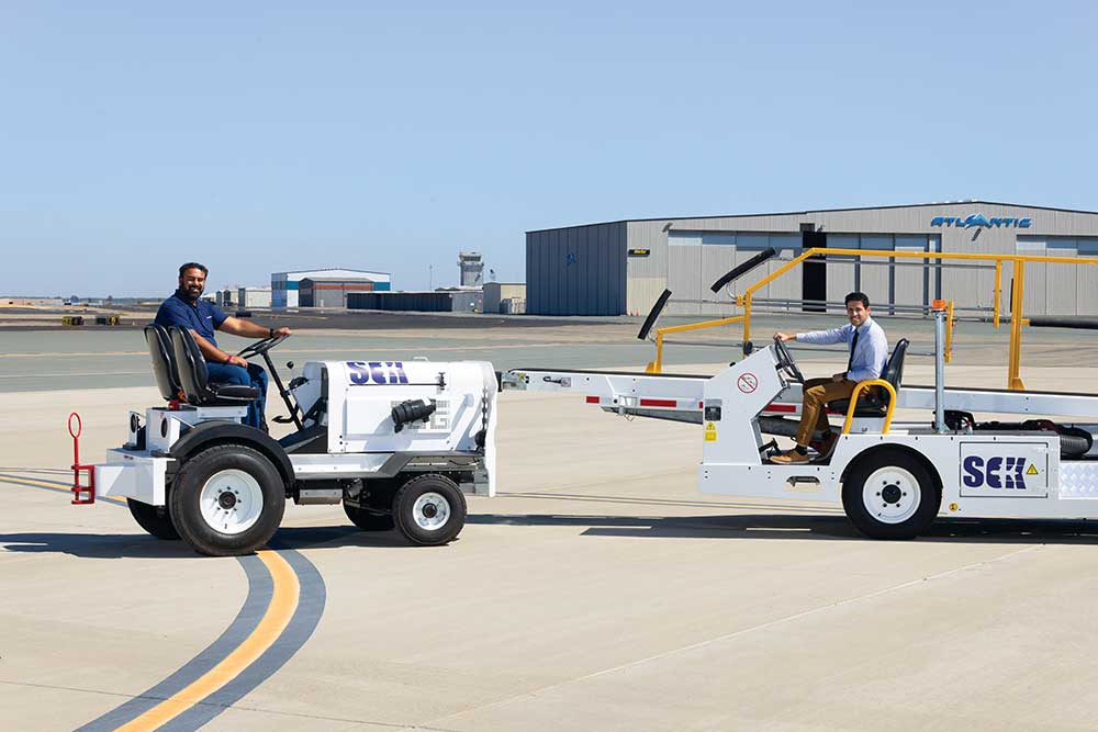 Gurjap Singh, left and Mahmood Alqefl of ZeroAvia at Stockton Metropolitan Airport in Stockton, California.