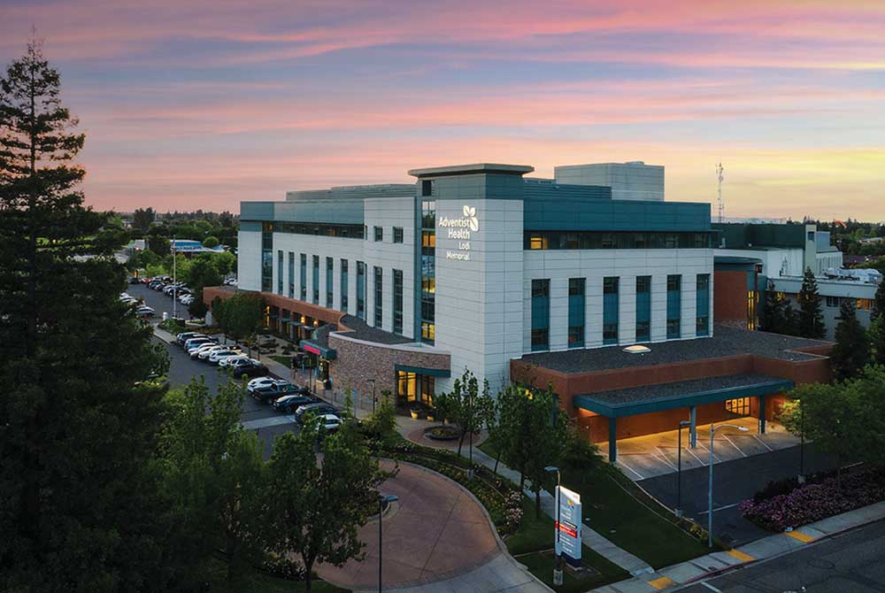 Aerial shot of Adventist Health Lodi Memorial at sunset.