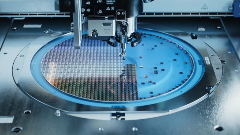 Semiconductor Packaging Process. Computer Chips are being Extracted by a Pick and Place Machine from Semiconductor Wafer and Attached to Substrate. Computer Chip Manufacturing at Factory.