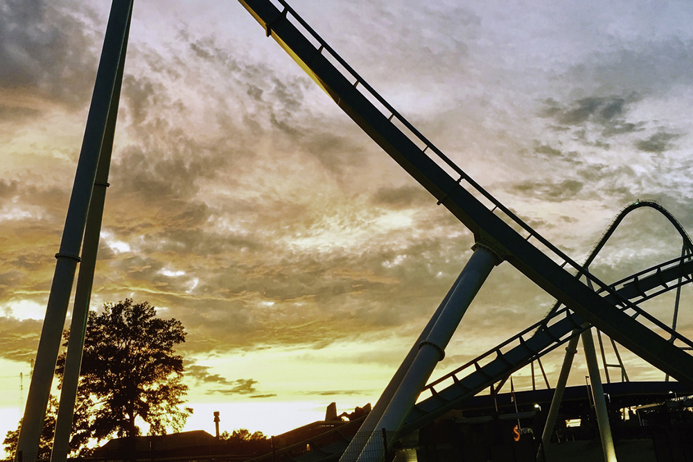 The Fury 325 roller coaster during dusk at Carowinds Amusement Park in Charlotte, NC.
