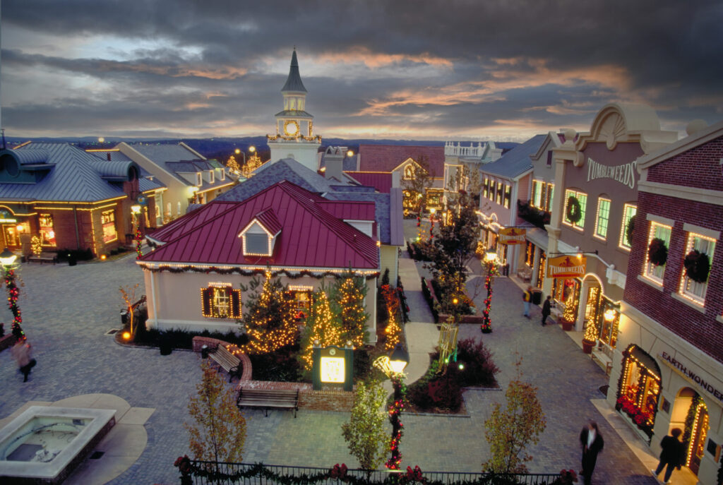 Branson, Missouri USA December 4, 1993: The Grand Village Shopping Center in Branson, Missouri at Christmas time gives an old time flavor to shopping. Branson is an ideal Christmas holiday destination.