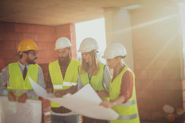 A photo portraying four young coworkers supervising the building under construction. In good company and preciously done drafts, every problem can easily be solved. All protective measures have been respected.