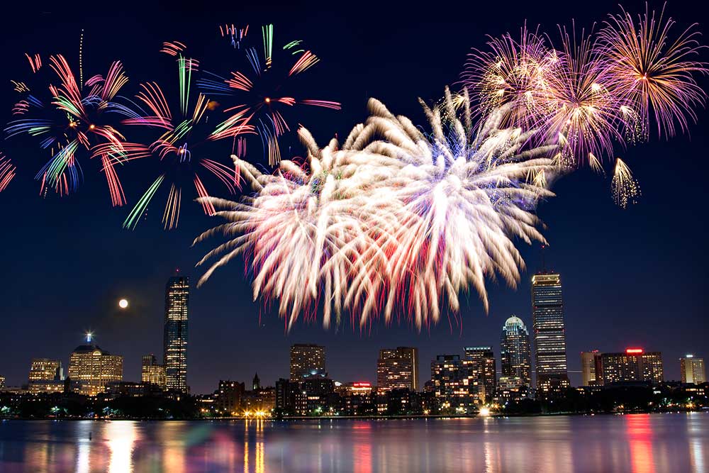 Fireworks over the Boston Harbor in Boston, MA. Maximize your PTO for 2026 with a trip to Boston for Independence Day.