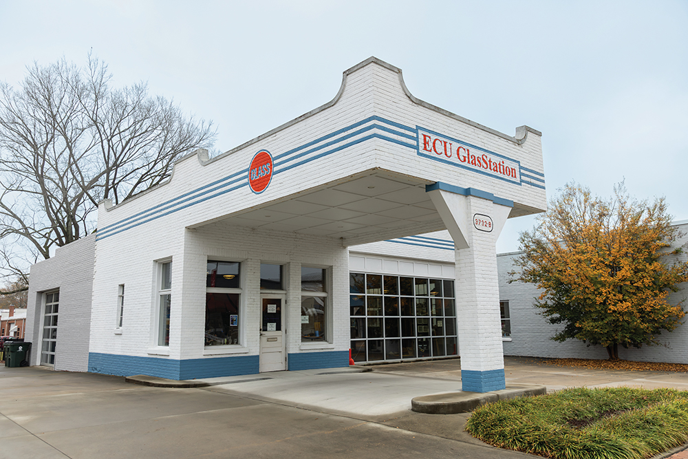 The ECU GlasStation, a glass blowing studio in Farmville, NC, is located in a refurbished Gulf gas station.