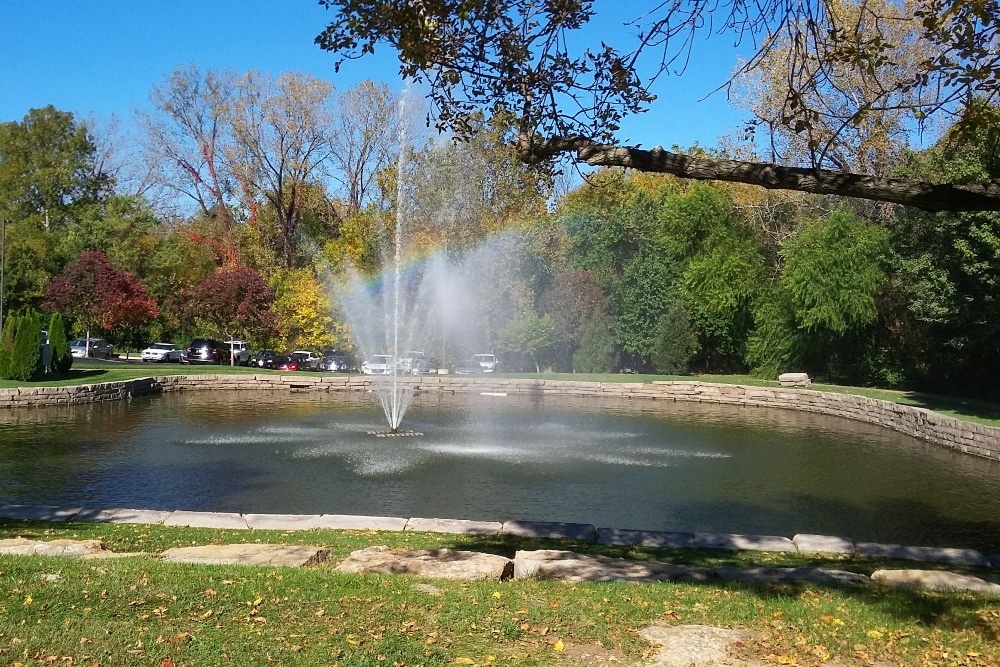 A pond with a fountain surrounded by trees in Arlington, TX.
