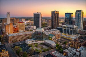 An aerial View of downtown Birmingham, Alabama, at sunset.