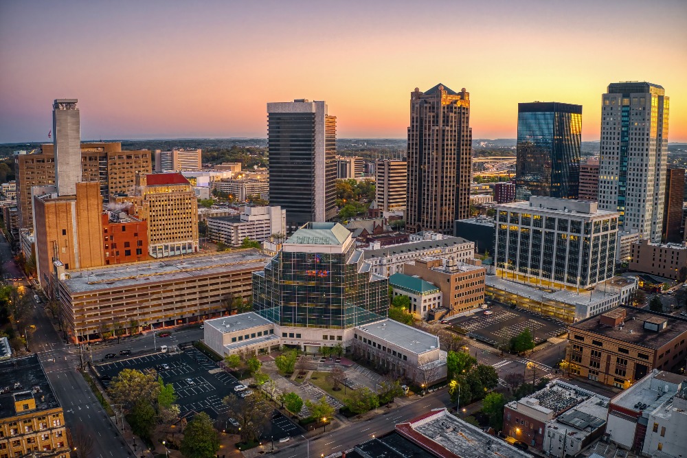 An aerial View of downtown Birmingham, Alabama, at sunset.