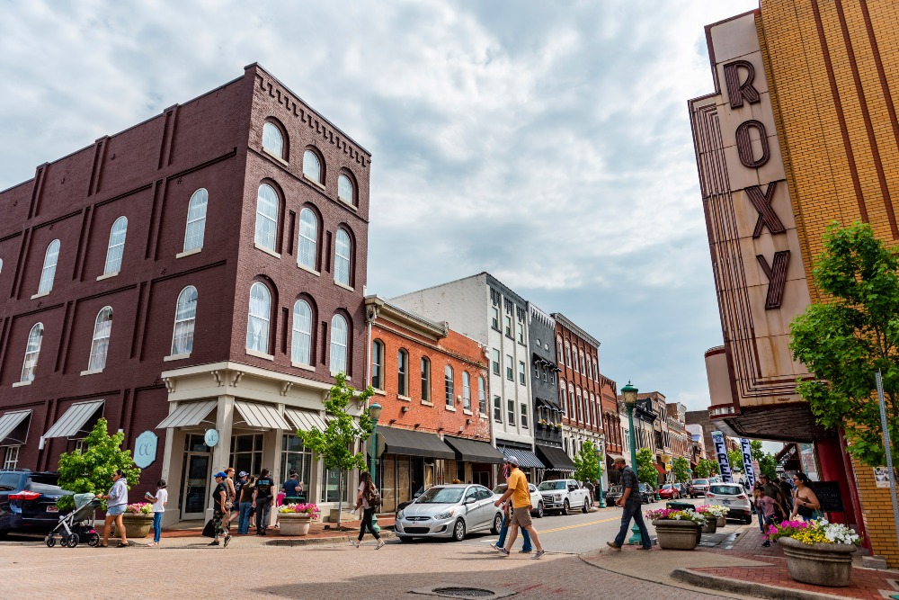 A sign for the Roxy Regional Theatre dominates this view of Franklin Street in downtown Clarksville, TN.