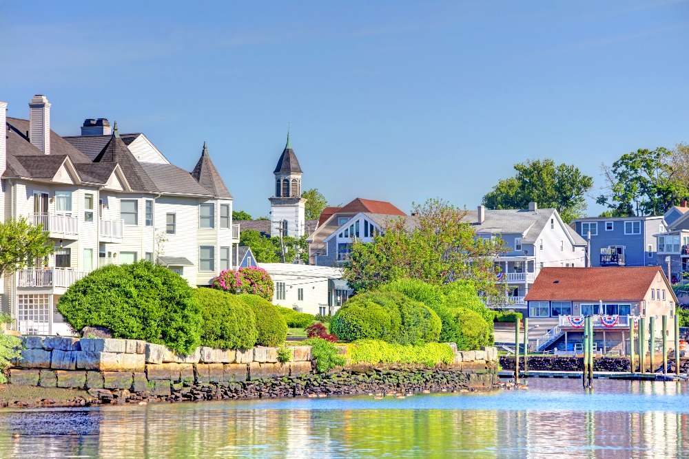 A view of homes from the water in Pawtuxet Village, a section of the New England cities of Warwick and Cranston, Rhode Island.