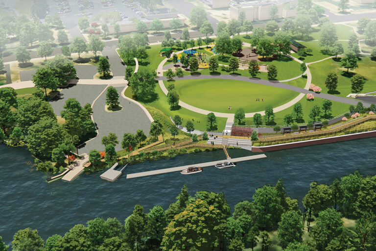 A rendering of the Town Common Bulkhead & Esplanade Project shows a planned 160-foot dock for recreational boats, a new walkway and an elevated overlook.