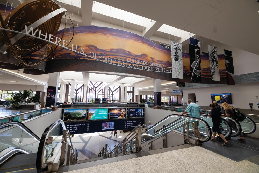 Visitors arrive at Colorado Springs Airport in Colorado Springs, Colorado.