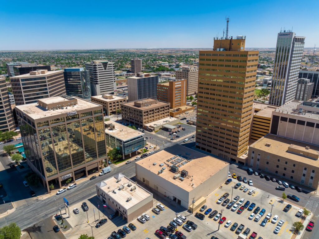 An aerial view of the downtown skyline in Midland, Texas.