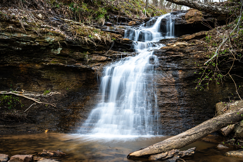 This long exposure photo of a beautiful waterfall was taken on Alum Hollow Trail at Green Mountain Preserve in Huntsville, AL.