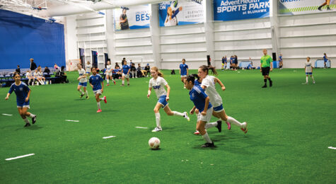 Children play soccer inside the BlueHawk Sports Complex in Overland Park, Kansas.