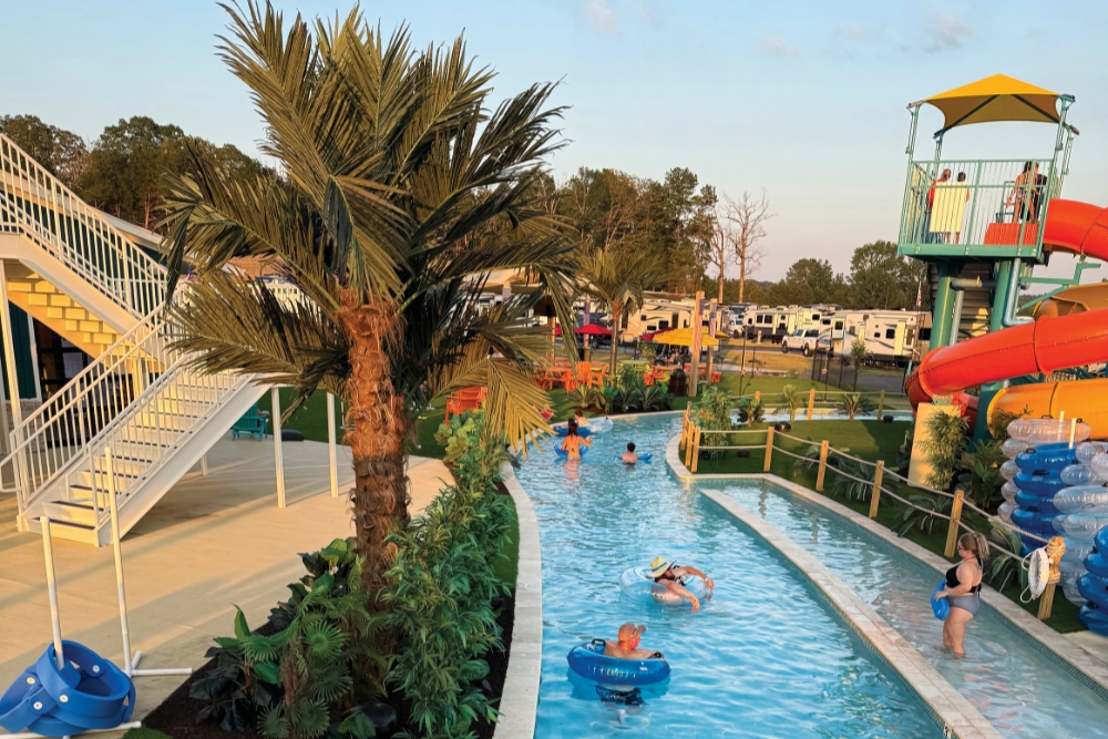The Swayze River is a 912-foot-long lazy river feature located within the Roundabout Oxford RV & Water Resort.
