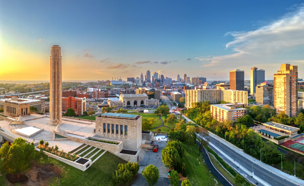 Kansas City, Missouri, USA downtown city skyline at twilight.