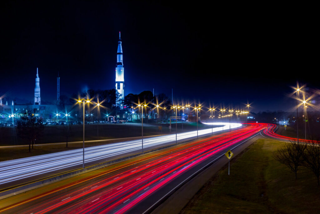 U.S. Space and Rocket Center Huntsville, AL with highway traffic.