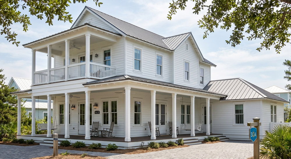 A beautiful 2-story white home for sale in Seaside, FL