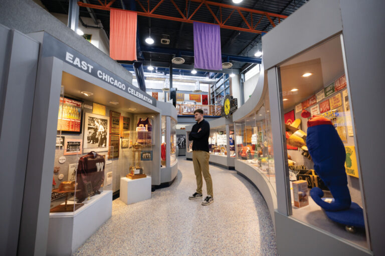 Visitors view the exhibits at The Indiana Baskletball Hall of Fame in New Castle, Indiana.