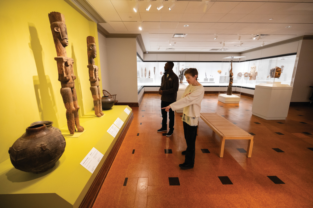 Visitors view Aftrican art collections at David Owsley Museum of Art on the campus of Ball State University in Muncie, Indiana.