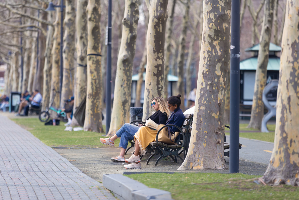 Vistors at Pier A Park in Hoboken, New Jersey.