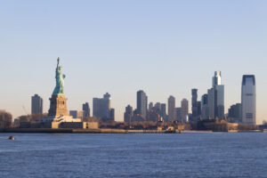 Views of the Statue of Liberty and Jersey City in Hudson County, New Jersey.
