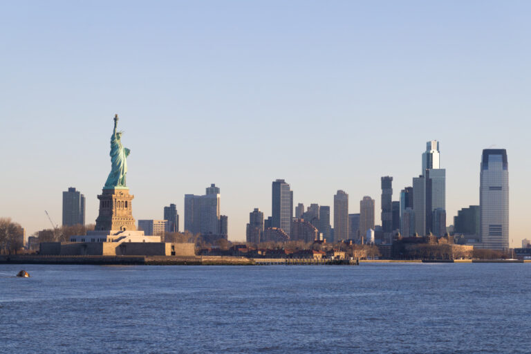 Views of the Statue of Liberty and Jersey City in Hudson County, New Jersey.