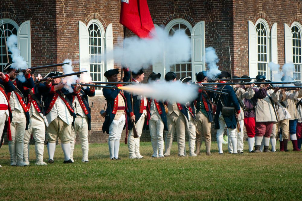 Soldiers at a reenactment at Colonial Williamsburg.