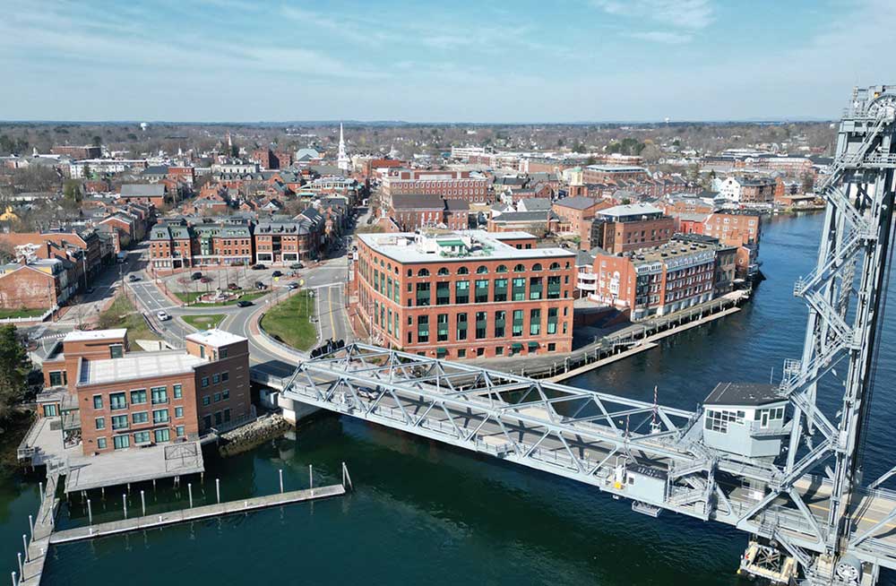 Aerial shot of the waterfront and buildings in Portsmouth, New Hampshire.