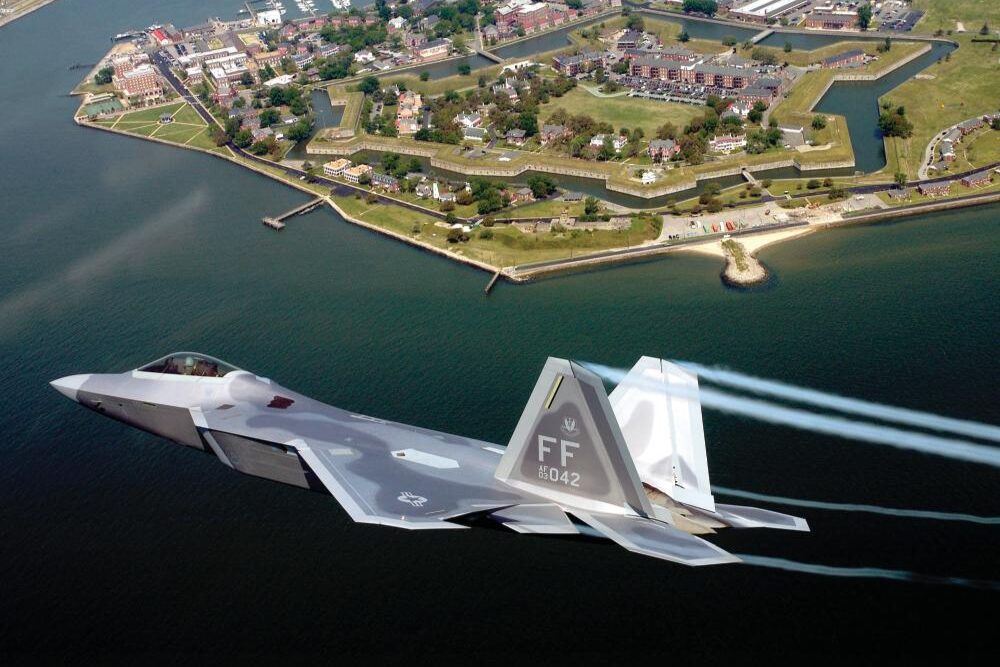 An F-22 Raptor fighter jet flies over Fort Monroe on its way to Langley Air Force Base in Hampton.