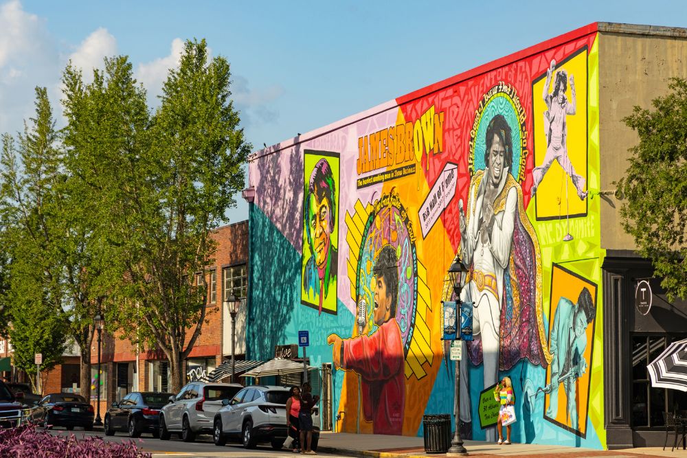 Vibrant walkable downtown in a small city featuring public art murals and young professionals.