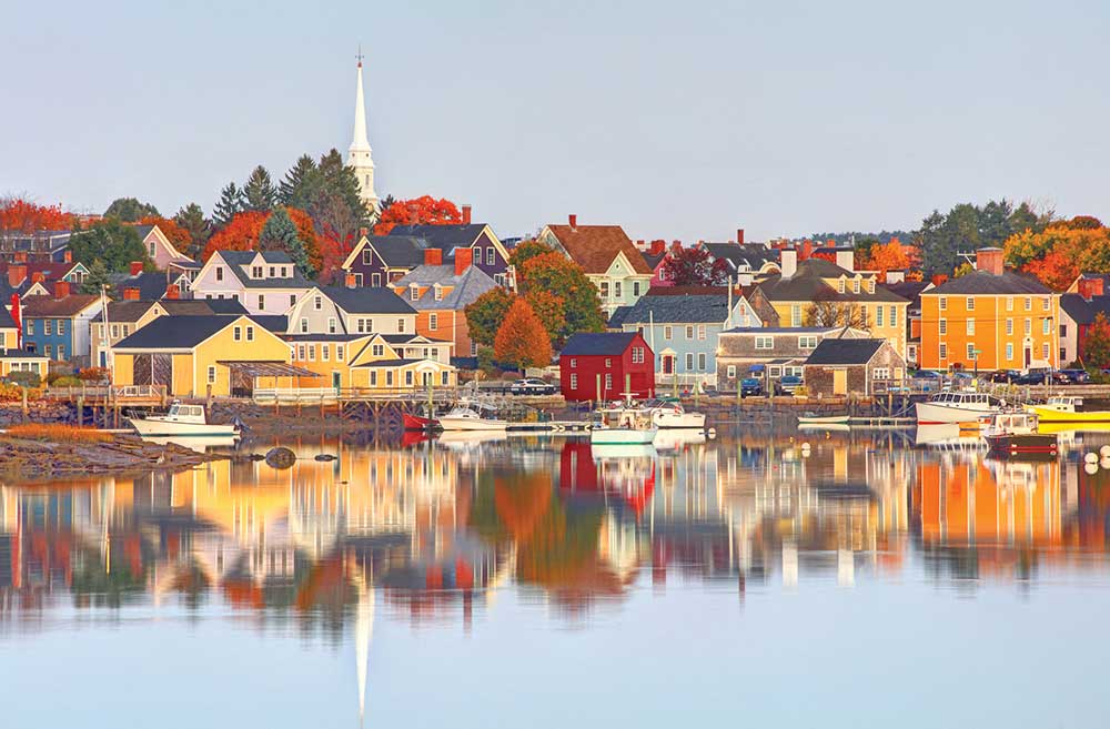 Shot of buildings along the waterfront in Portsmouth, NH.