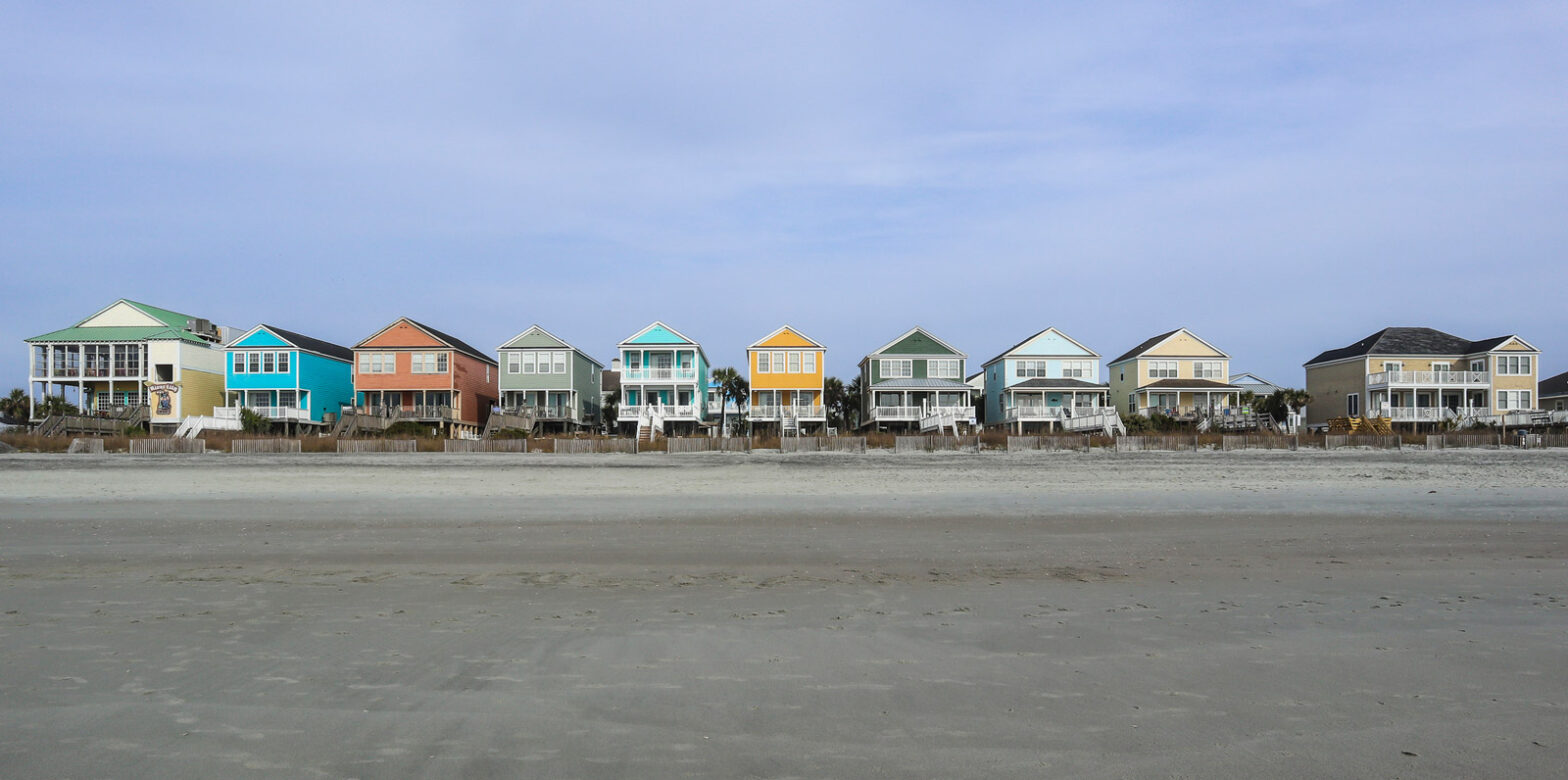 a row of colorful home on the shore of Surfside Beach, SC